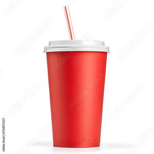 A vibrant red disposable paper cup with a white lid and a red striped straw stands isolated on a clean white background