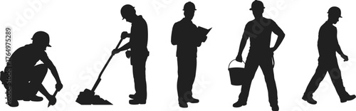 Construction workers silhouette, industrial labor, teamwork on site, jackhammer operator, blueprint inspection, bucket carrier, infrastructure development, urban workforce, manual tasks, safety gear