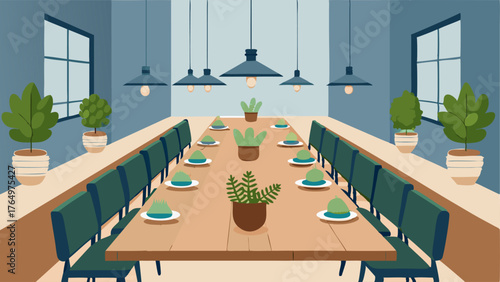 A dining room with a long wooden table adorned with succulent centerpieces and surrounded by hanging string lights.