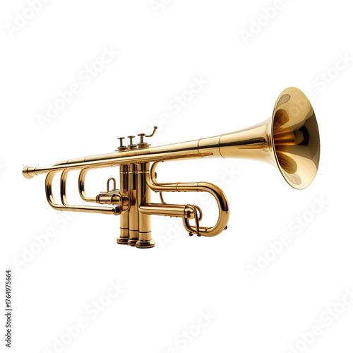 Golden brass wind instrument isolated on black background, musical