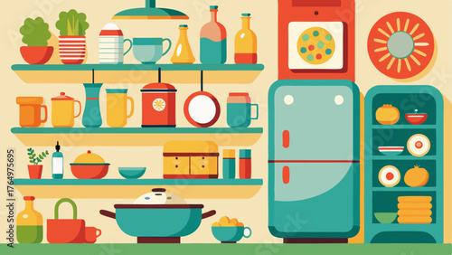 A bright and airy kitchen with a retroinspired fridge and eclectic shelves displaying an array of colorful dishes and cookware.