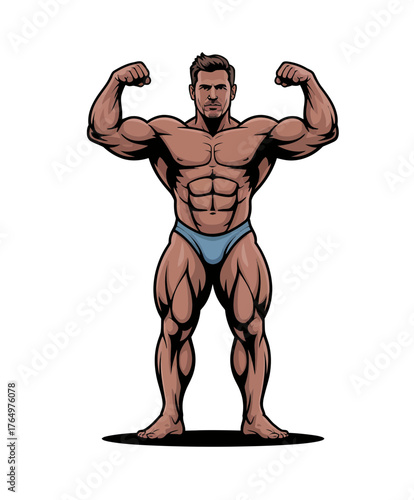 Vector art of muscular bodybuilder man posing showing his perfect body