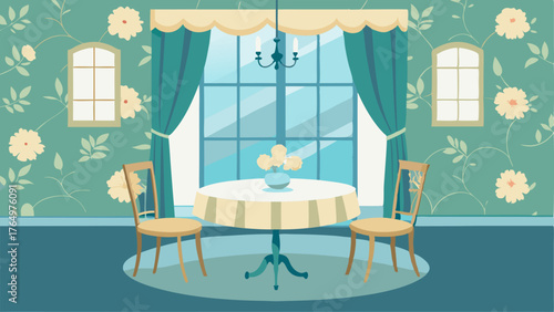 A classic dining room with a round table floral wallpaper and a large window dressed in delicate curtains.