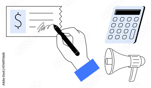 Hand signing a check, calculator for financial calculations, megaphone for communication. Ideal for finance, accounting, banking, payment, promotions management reminders. Simple flat metaphor
