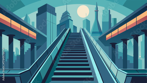 A futuristiclooking escalator leading down to the platforms.
