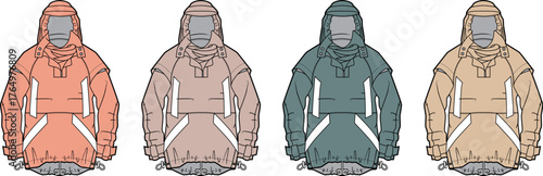 Collection of four hooded jackets in different colors arranged in a row, showcasing casual outerwear options for diverse style preferences