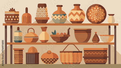 A collection of woven baskets and handcrafted pottery is displayed on shelves embodying the bohemian love for artisanal items.