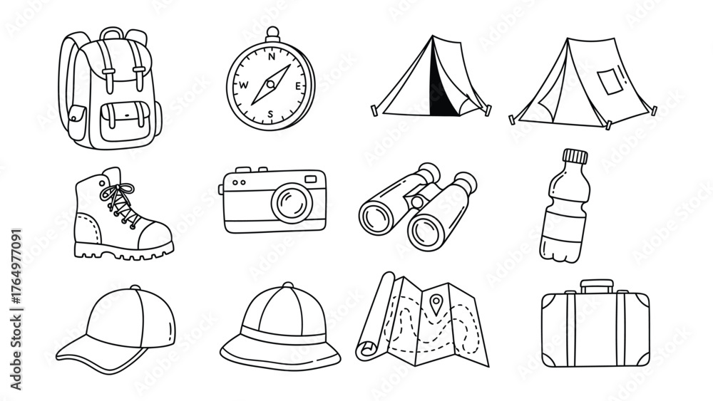 Fototapeta premium Adventure Essentials: Line drawing illustrations of essential equipment, perfect for outdoor excursions and adventure travel. Capture the spirit of exploration and the joy of discovery.