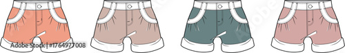 Collection of women's comfortable, casual shorts technical fashion flats in a range of pastel colors, perfect for loungewear design and apparel illustration templates