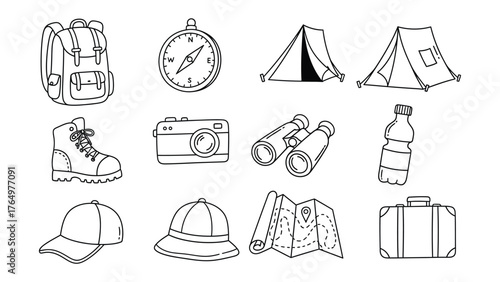 Adventure Essentials: Line drawing illustrations of essential equipment, perfect for outdoor excursions and adventure travel. Capture the spirit of exploration and the joy of discovery.