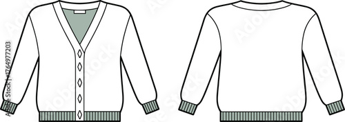 Unisex oversized V-neck cardigan fashion flat technical sketch vector illustration for knitwear apparel design and clothing template.