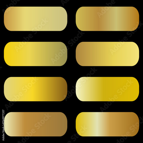 Collection of eight rounded rectangular gold gradient swatches on black background