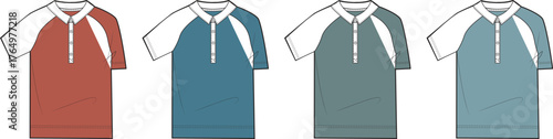 Technical flat drawings of short-sleeve men's polo shirts, raglan sleeves, button placket, in four colors for fashion design