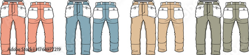 Detailed technical flat fashion illustration vector template showcasing men's casual pants in various colors with front and back views for apparel design and production