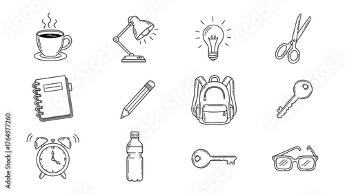 Drawn Work Essentials: A collection of meticulously drawn, iconic symbols representing essential tools, illuminating everyday office and learning necessities.