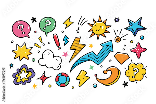 Colorful Doodle Icons: Stars, Sun, Arrows, and More