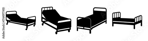 Set of diverse hospital bed and patient recliner silhouettes essential healthcare furniture icons for medical design projects
