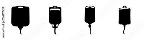 Collection of four minimalist black iv fluid or blood drip bag icons perfect for medical presentations