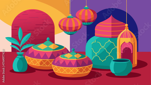 A corner with a mix of vibrant Moroccan poufs and traditional Chinese vases