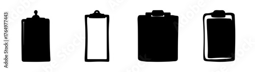 Simple monochrome clipboard icons collection for medical charts office documents and data management symbols