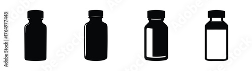 Small medicine bottles set simple graphic representation pharmaceutical containers medical vials essential healthcare drug packaging product icons