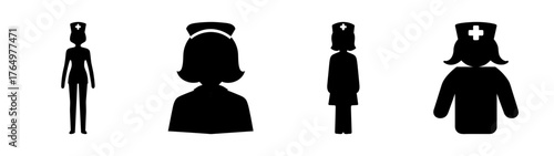 Diverse nurse icons collection featuring healthcare professionals silhouettes ideal for medical design elements and professional staff representations