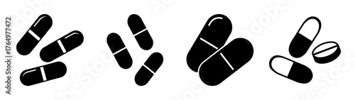 Abstract monochrome capsules medical symbols medication icons treatment health care pharmaceutical drug elements isolated graphics
