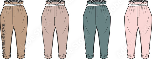 A set of women's high-waisted jogger pants with a paperbag waist shown in multiple colors. Vector fashion flat technical sketch for apparel design
