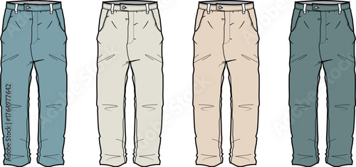 Collection of men's casual trousers in four color options. Technical flat fashion sketch illustration for apparel design and clothing industry mockups