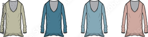 Collection of four long-sleeved v-neck tops in varying earthy and pastel colors, showcasing simple yet elegant apparel design