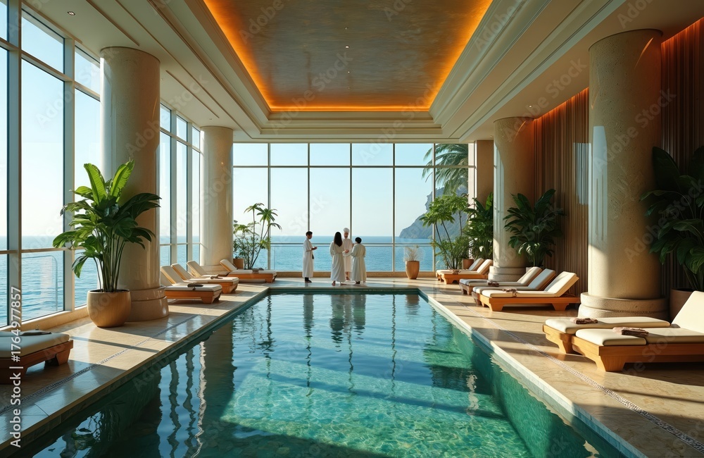 Fototapeta premium Indoor pool in luxury cruise ship spa with large windows. People in white robes talk by pool. Lounge chairs and plants around. Sea view from window. Blue water in pool. Comfortable resort interior.