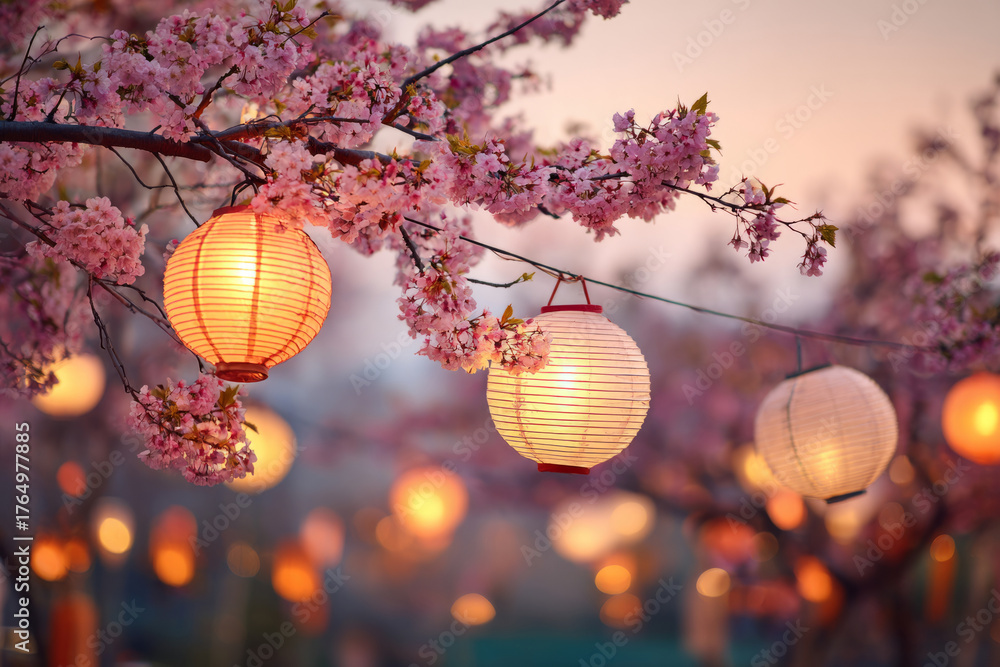 Obraz premium Glowing paper lanterns hanging among blooming cherry blossoms