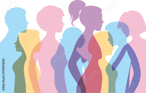 A colorful composition of diverse female silhouettes overlapping to symbolize community, unity, and empowerment