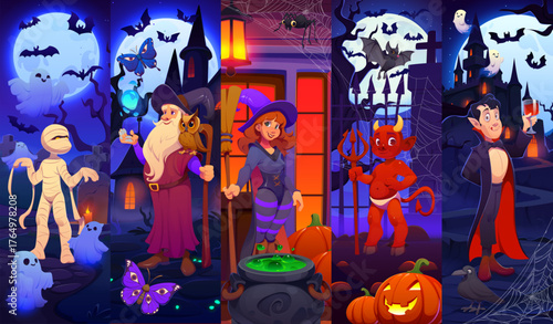 Cartoon creepy Halloween characters vector collage, scary mummy with flying bats, old wizard and owl. Witch cauldron, devil with trident, vampire near haunted castle, spooky Halloween night characters