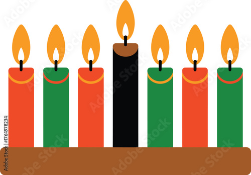 A minimalist flat design vector illustration of a Kwanzaa Kinara with seven lit candles, representing the Mishumaa Saba for the cultural holiday celebration