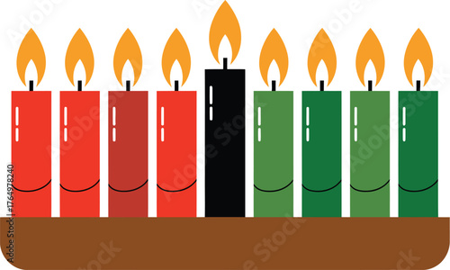 Clean and vibrant illustration of a seven-branched candelabrum featuring lit candles in symbolic red, black, and green, representing cultural unity, heritage, and community celebration