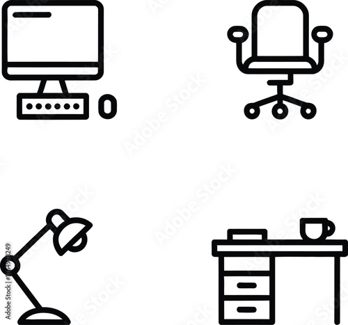 A minimalist line icon set for business and office themes, featuring a desktop computer, swivel chair, desk, and lamp