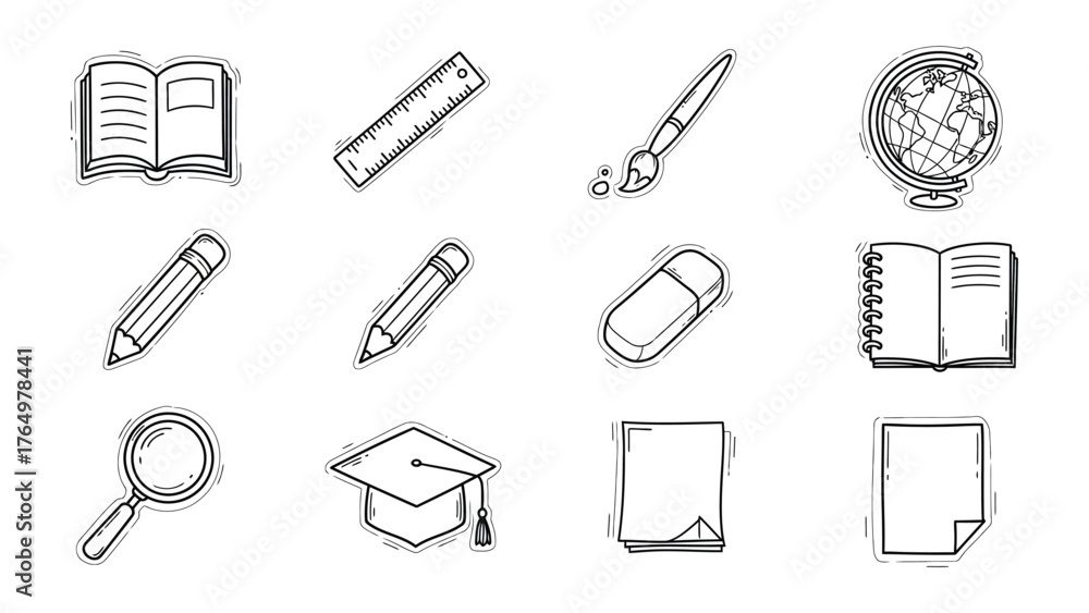 Obraz premium Educational Tools Collection: A curated collection of essential educational tools, each expertly outlined, embodying the essence of learning and academic pursuits.