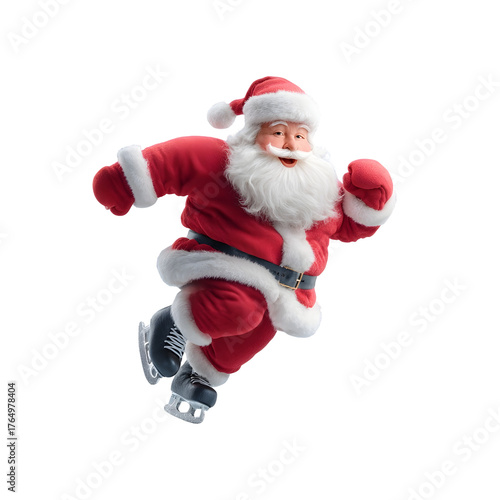 Dynamic illust n of Santa Claus actively ice skating with a cheerful expression on a smooth ice rink