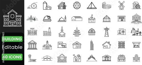 Collection of hand drawn architectural building icons representing diverse structures and styles