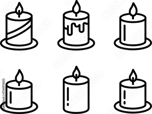Set of six minimalist line art illustrations depicting burning candles. Features diverse designs, flickering flames, and subtle wax details for serene, symbolic graphics