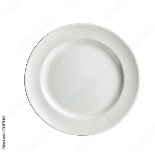 A single white plate, round, with a slightly raised rim, isolated on black