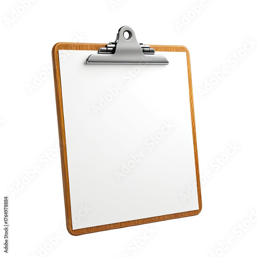 Wooden clipboard with blank white paper, chrome clip. Angle view, plain background