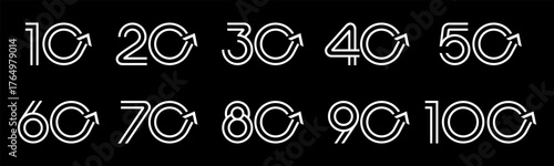 Set of collection numbers 10 to 100 with Arrow element vector illustration. Arrow up element with numbers 10, 20, 30, 40, 50, 60, 70, 80, 90, 100 for greetings, anniversary and more.