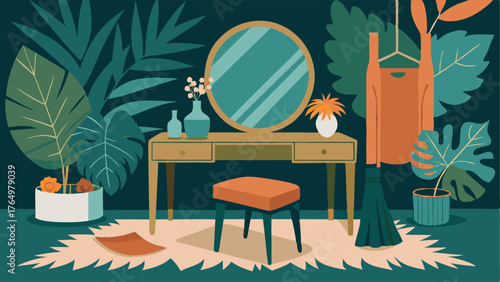 A chic and gl dressing room with a vanity table a velvet bench and a tropical leafpatterned rug.