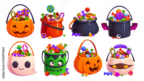 Cartoon Halloween smiling jack o lantern, zombie hand, mummy ghost and black cauldron candies or sweet vector buckets. Pails filled with candies, candy cane, lollipop, wrapped sweets Halloween bucket
