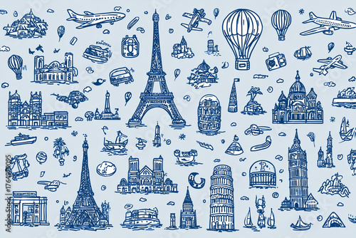 
Travel and adventure icons with landmarks