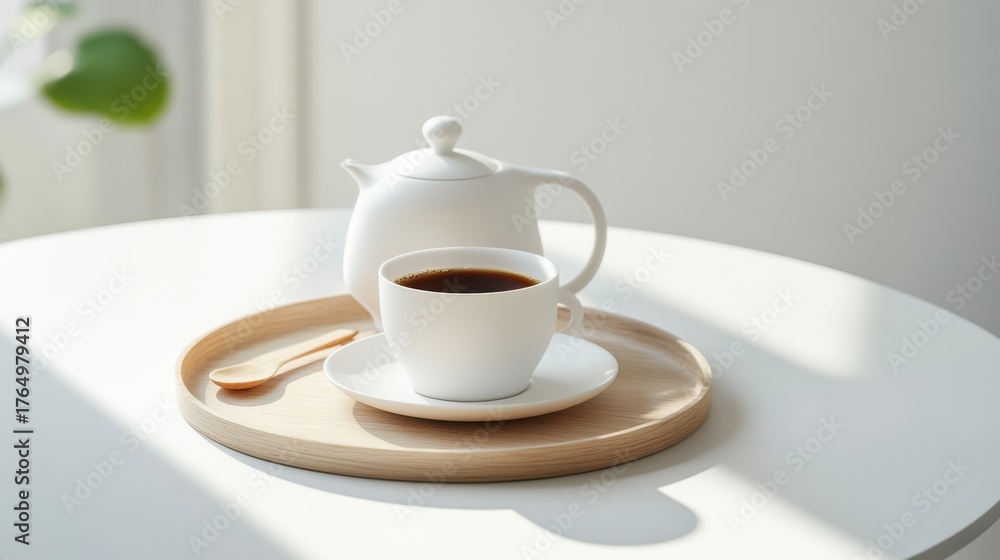 Fototapeta premium A cup of black coffee and a teapot on a wooden tray, served on a white table with natural light
