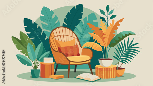 A cozy reading nook with a rattan chair plush cushions and an array of tropical plants.