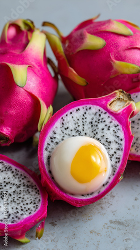 Wallpaper Mural Dragon Fruit Egg Breakfast – Exotic Sweet & Savory Fusion, Poached Egg in Pitaya Bowl – Vibrant Brunch Idea, Creative Food Art: Dragon Fruit with Sunny-Side-Up Egg Torontodigital.ca